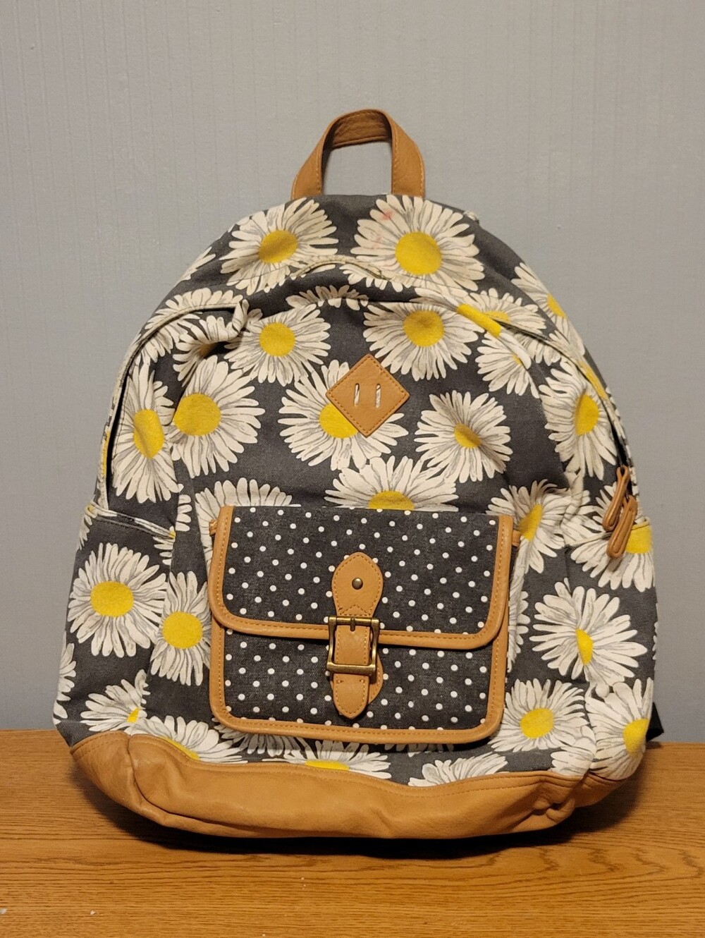 Daisy Print Canvas Backpack with Tan Trim